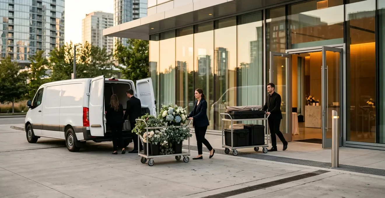Professional editorial photograph showing a city wedding venue entrance with vendors coordinating equipment delivery in an urban setting