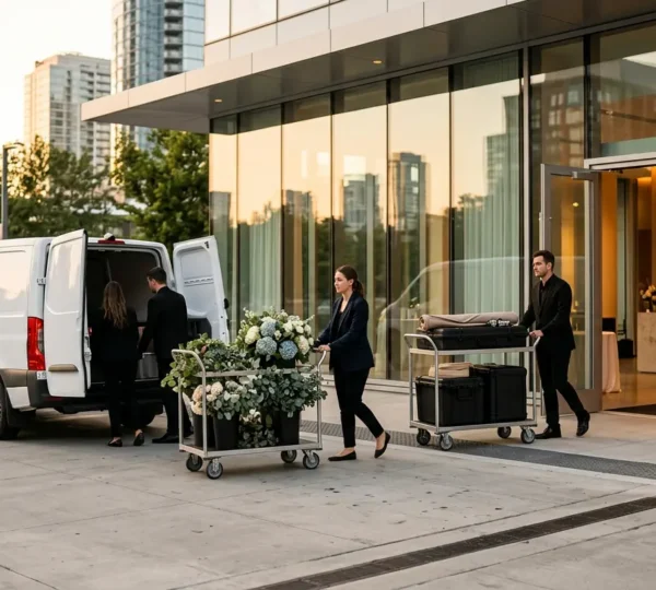 Professional editorial photograph showing a city wedding venue entrance with vendors coordinating equipment delivery in an urban setting