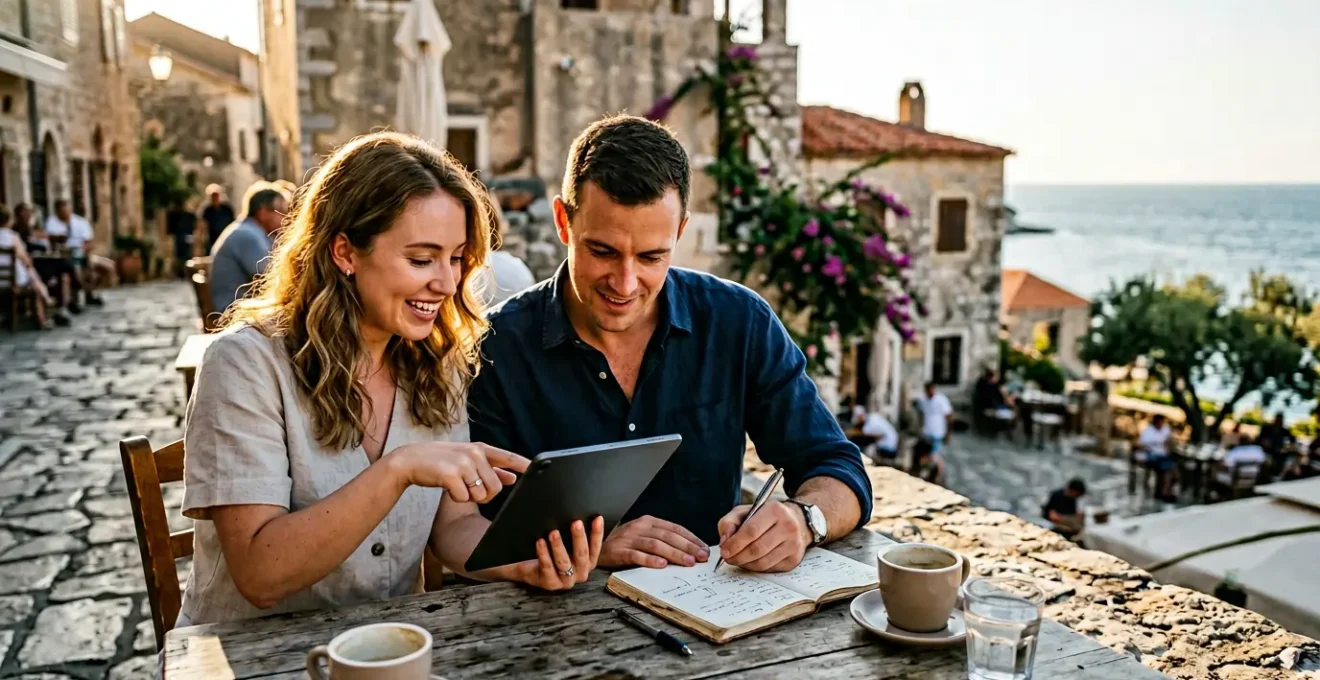 Wedding couple reviewing vendor portfolio on tablet with international location in background