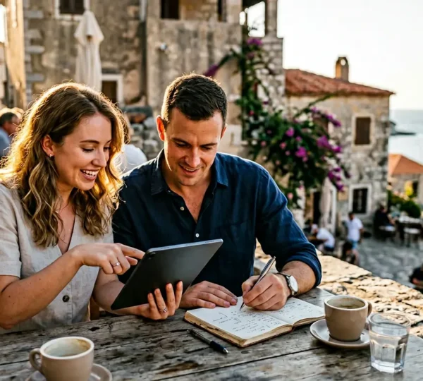 Wedding couple reviewing vendor portfolio on tablet with international location in background