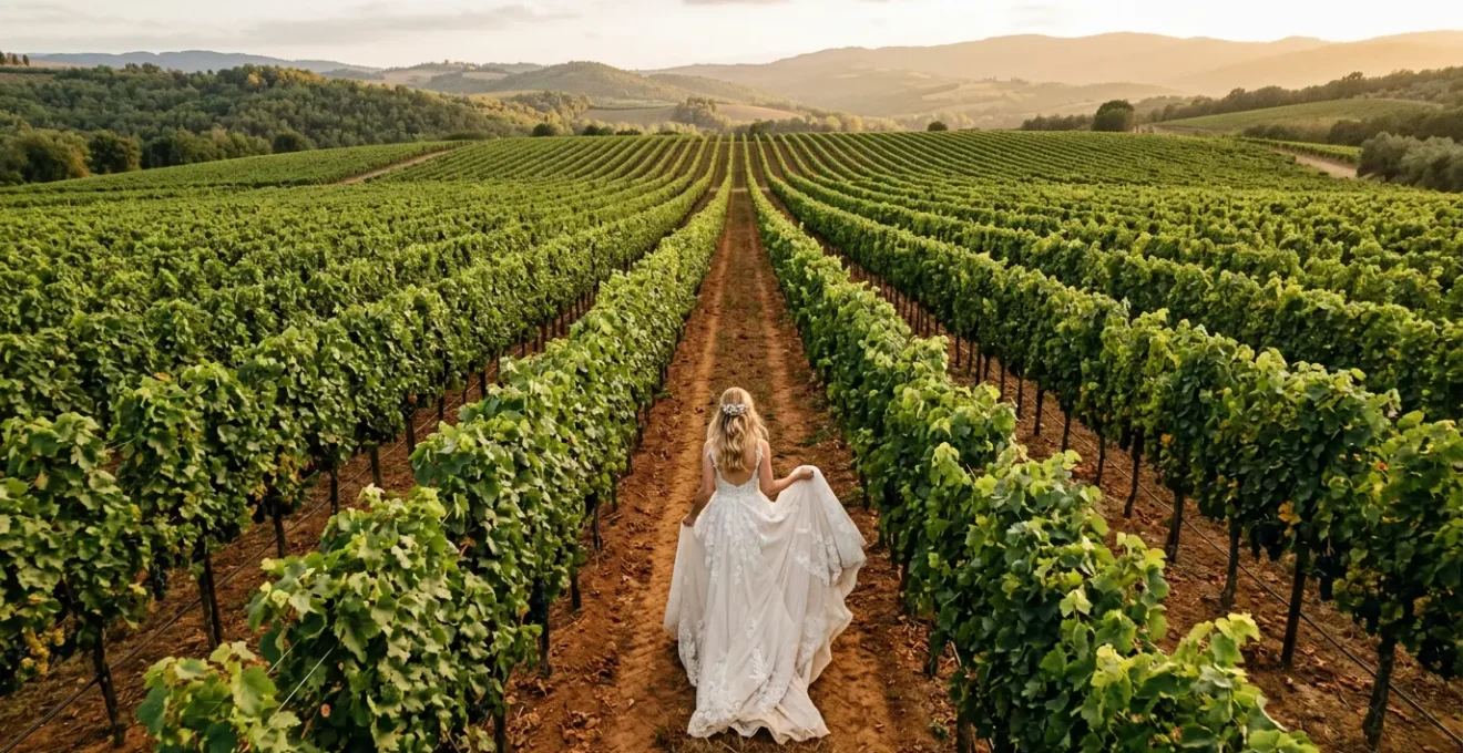 Elegant bride walking through vineyard rows with dress hem carefully lifted, surrounded by lush grapevines