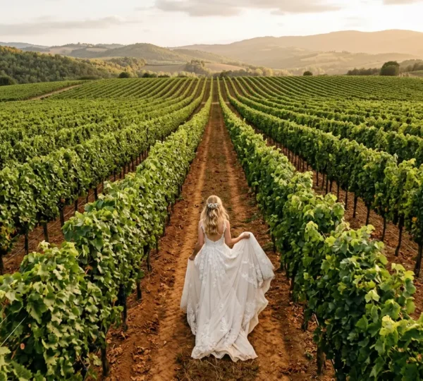Elegant bride walking through vineyard rows with dress hem carefully lifted, surrounded by lush grapevines