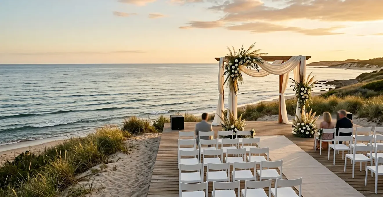 Elegant waterfront wedding ceremony setup with professional audio equipment and wind protection measures at coastal venue