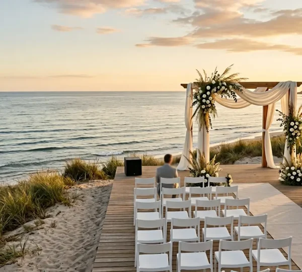 Elegant waterfront wedding ceremony setup with professional audio equipment and wind protection measures at coastal venue