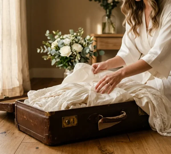Bride preparing elegant travel-friendly wedding dress in natural light with vintage luggage