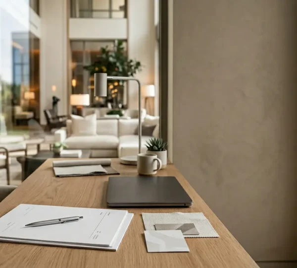 Wedding planner reviewing hotel room block contract documents at elegant desk with natural light