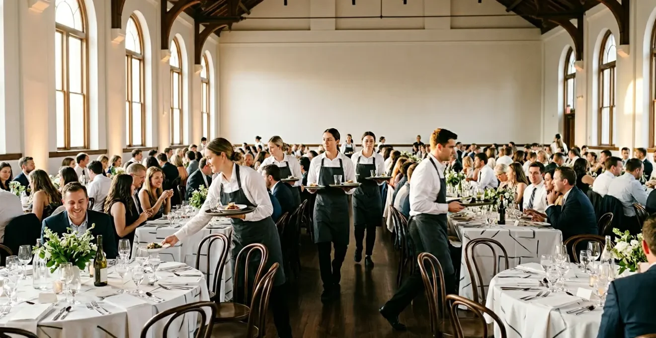 Professional wedding reception service showing efficient guest dining experience
