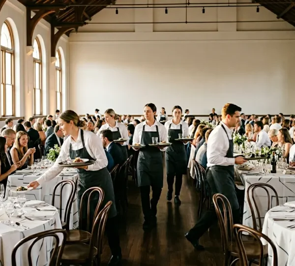Professional wedding reception service showing efficient guest dining experience
