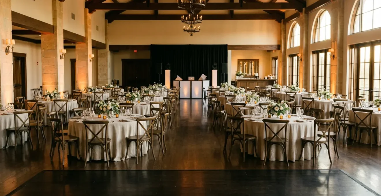 Elegant wedding reception venue with perfectly coordinated timeline elements showing dynamic energy flow