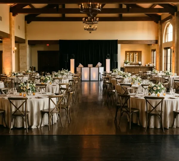 Elegant wedding reception venue with perfectly coordinated timeline elements showing dynamic energy flow