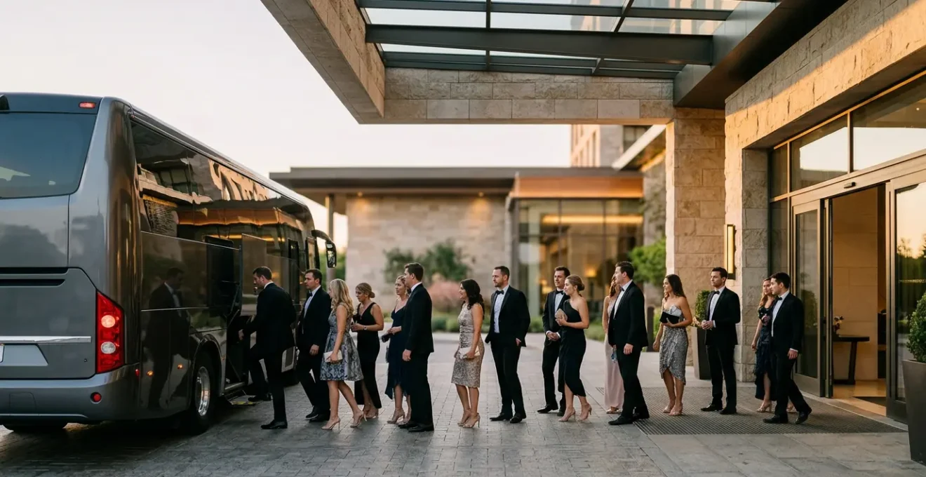 Professional wedding shuttle bus transportation coordination for large guest groups