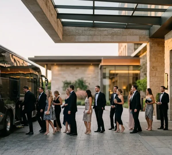 Professional wedding shuttle bus transportation coordination for large guest groups