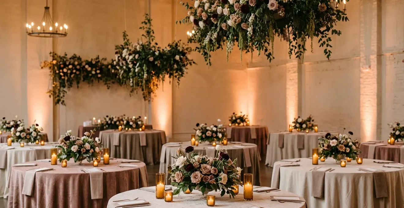 Wedding venue transformation showing dramatic styling solution for mismatched color palette
