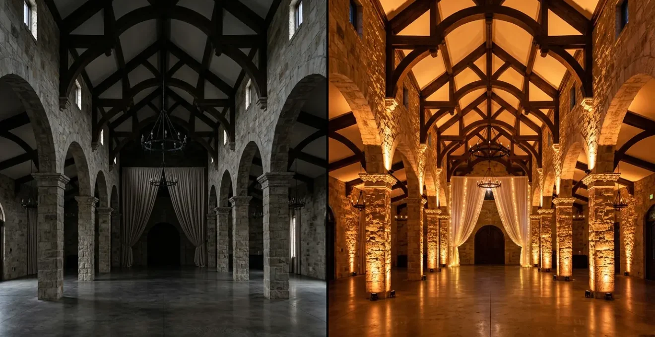 Dramatic before-and-after wedding venue transformation showcasing professional lighting design techniques on elegant architecture