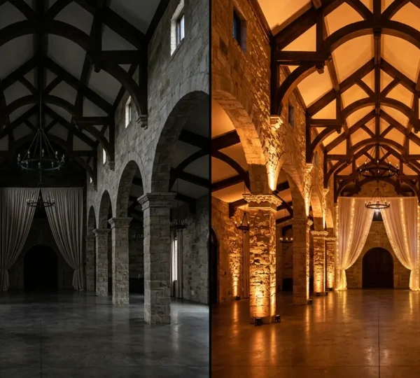 Dramatic before-and-after wedding venue transformation showcasing professional lighting design techniques on elegant architecture