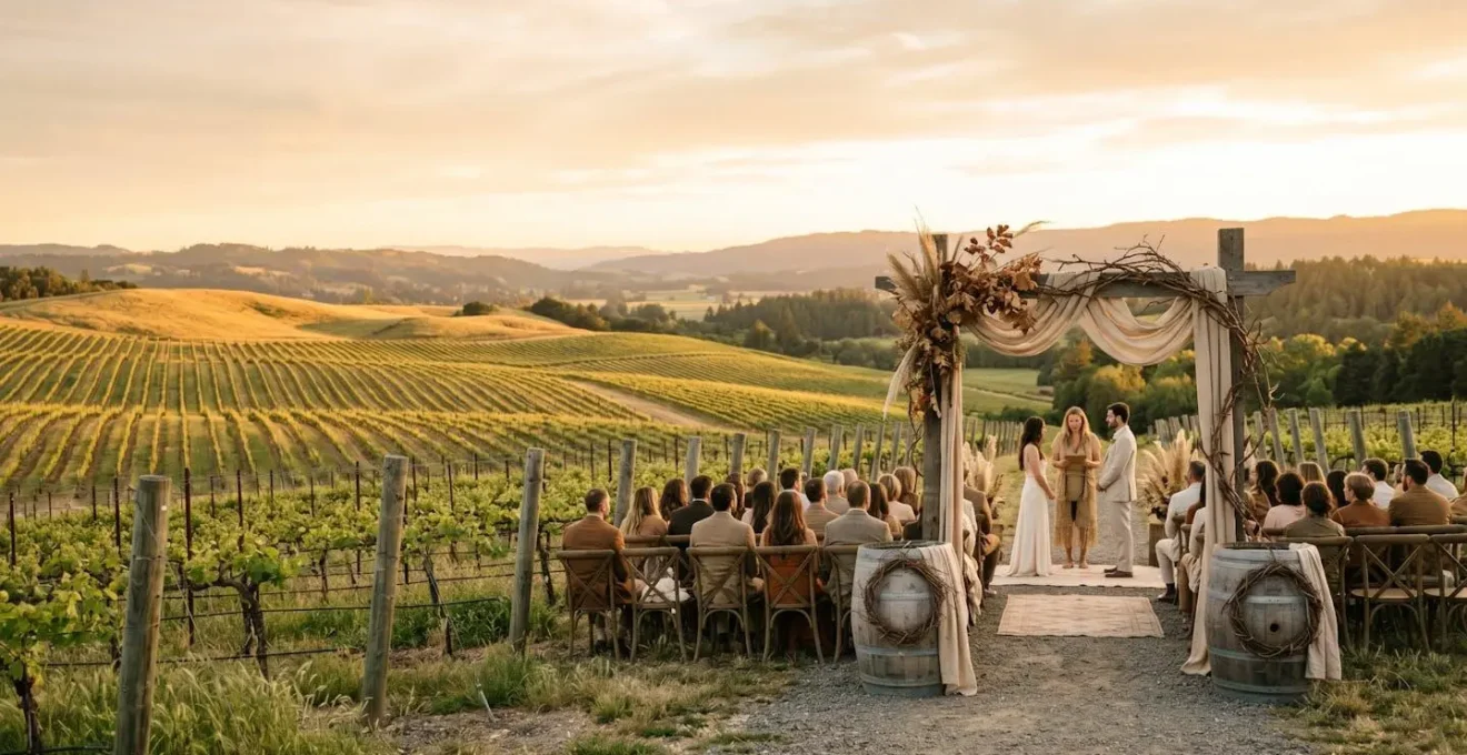 Elegant outdoor vineyard wedding setup with natural sustainable decor and eco-friendly elements