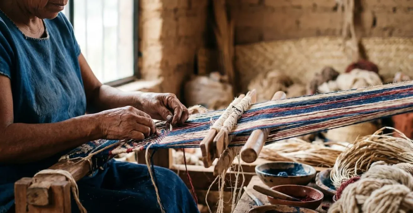 Close-up of artisan hands skillfully weaving natural fibers in traditional technique with warm natural lighting