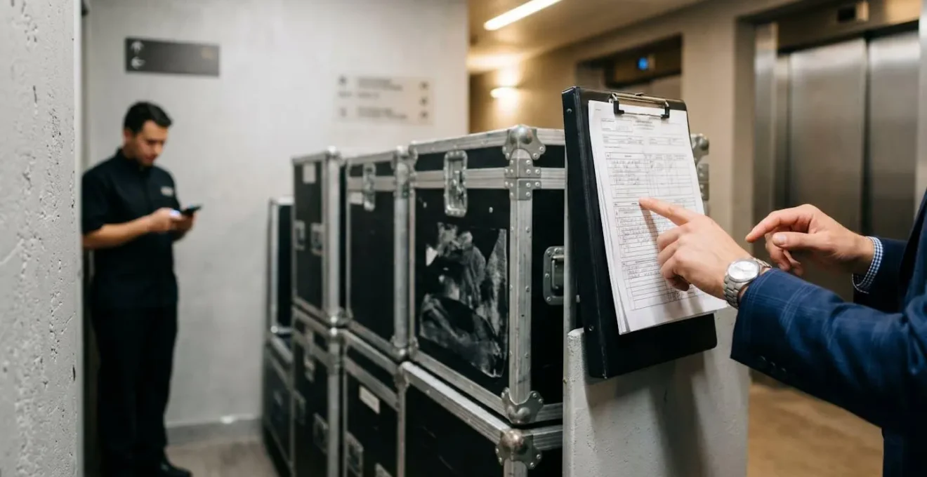 Professional vendor coordination in hotel service corridor with organized logistics workflow