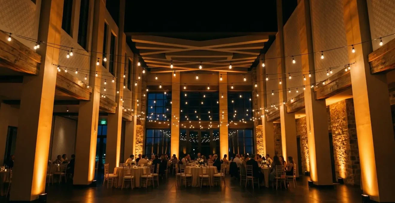 Elegant wedding venue showcasing the spatial depth created by combining bistro string lights overhead with strategic wall uplighting