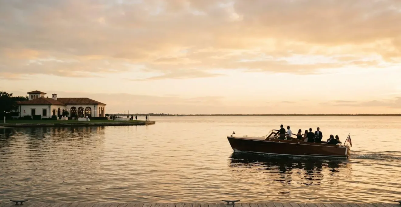Wide environmental shot of elegant boat approaching waterfront venue with guests aboard during golden hour