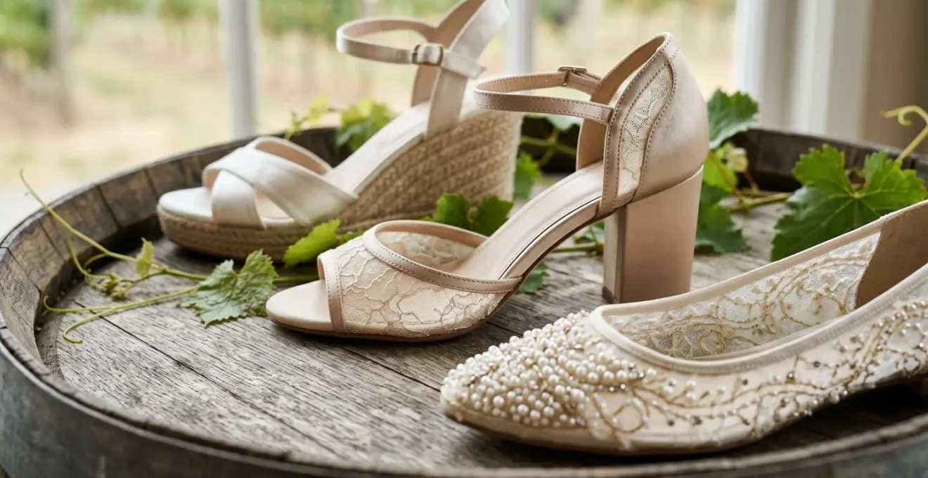 Three different pairs of elegant bridal shoes arranged on natural vineyard textures representing ceremony, photo, and reception footwear