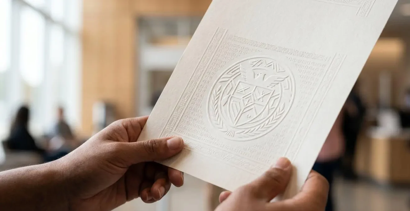 Hands holding certified marriage certificate with official county clerk raised seal under soft natural lighting