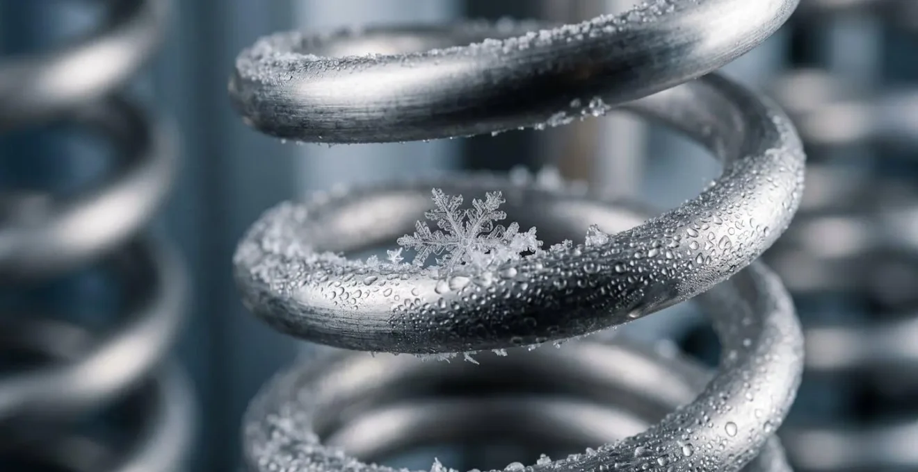 Close-up macro view of ice crystals forming on stainless steel refrigeration coils with condensation droplets