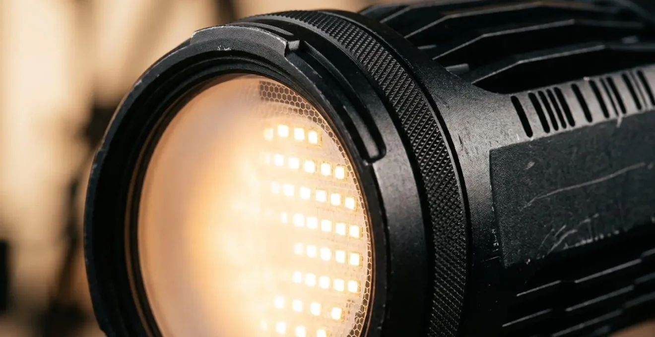 Close-up detail of high-CRI LED lighting fixture demonstrating warm flattering illumination for accurate skin tone rendering at wedding receptions
