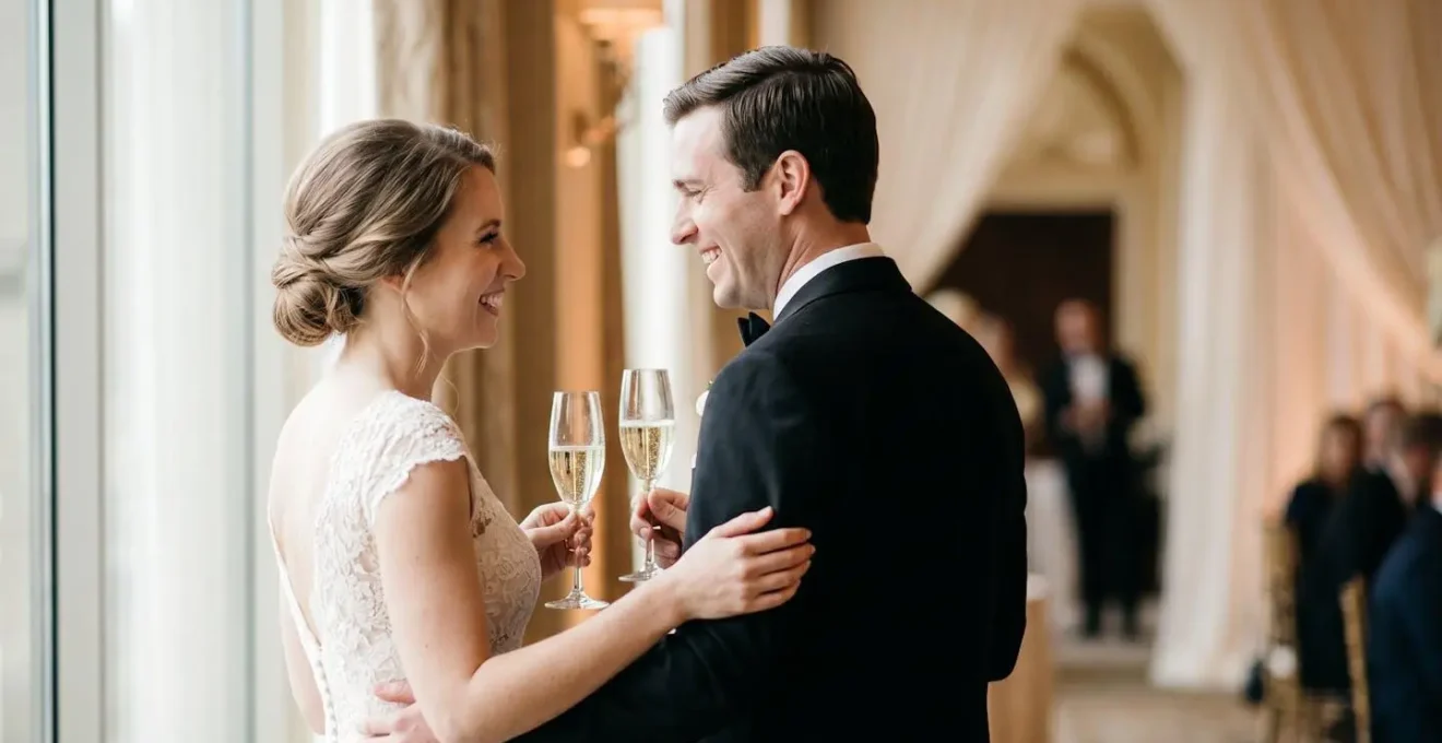 Newlywed couple sharing private champagne moment in elegant wedding setting