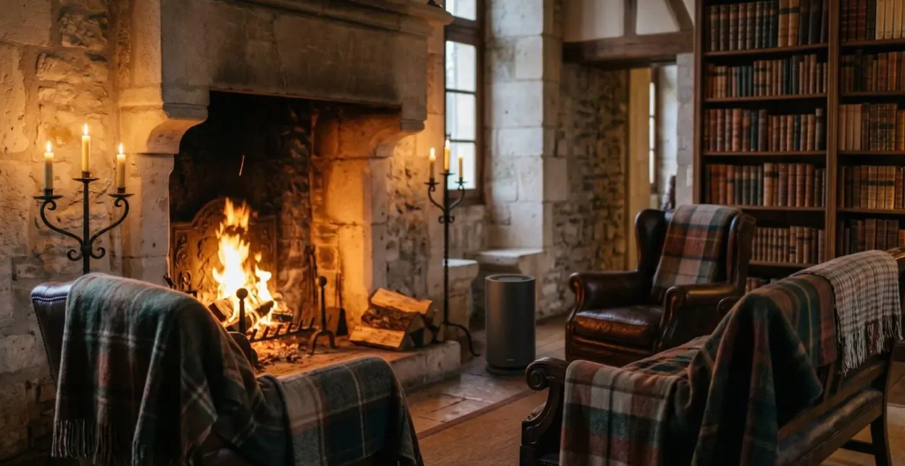 Intimate chateau library interior with glowing fireplace and elegant throws creating warmth during autumn evening celebration