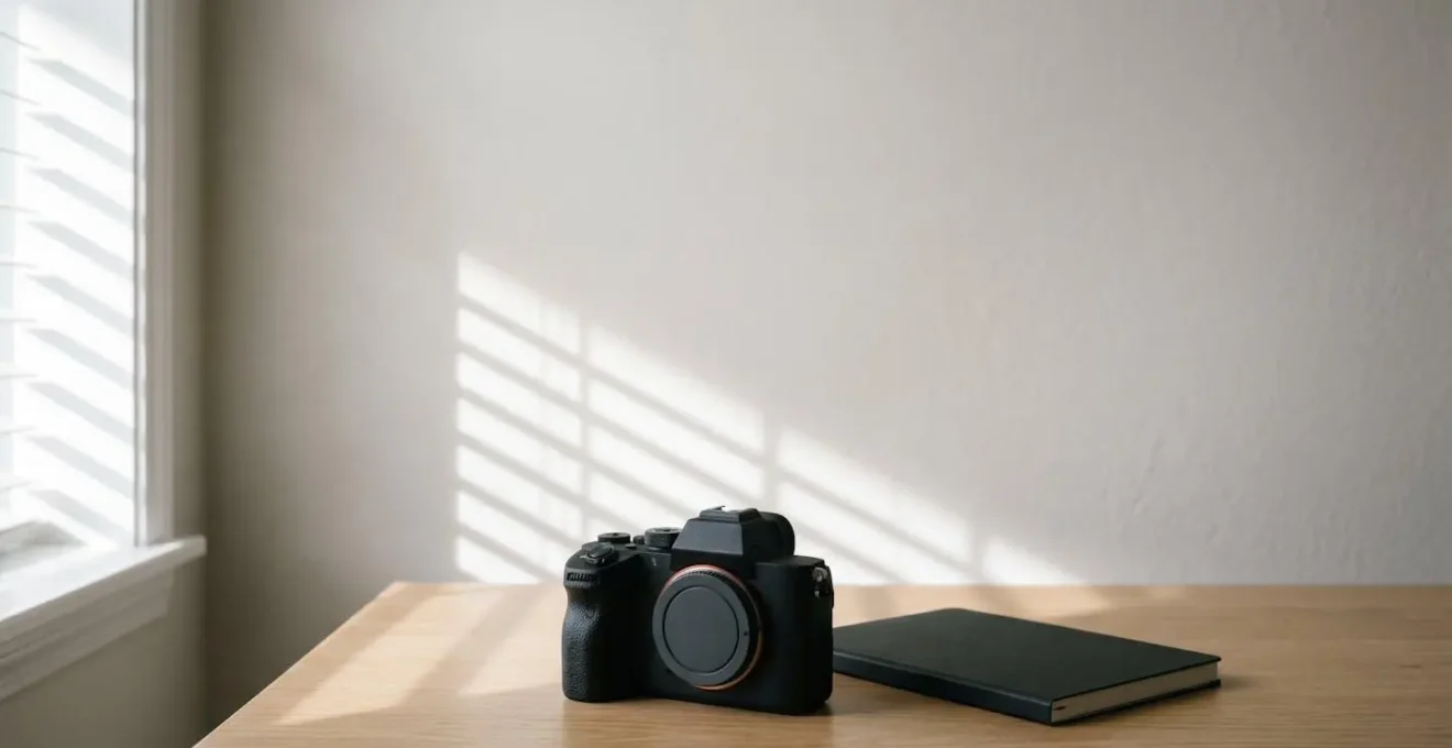 Abstract representation of a photographer's scheduling challenge showing blocked calendar days with creative equipment in atmospheric lighting