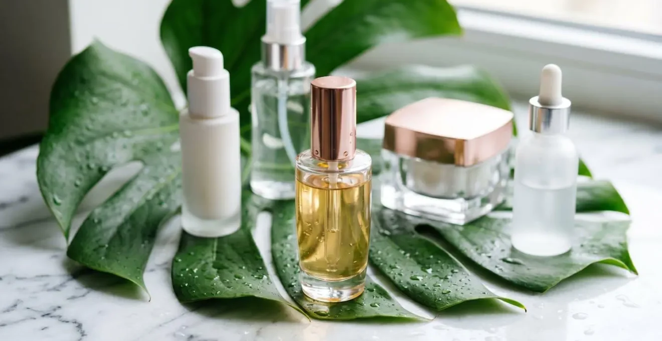 A curated arrangement of brandless beauty products on a tropical leaf, suggesting preparation for a wedding in a humid climate.
