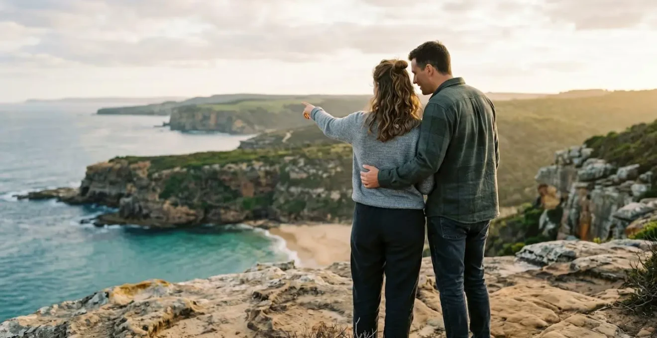 Couple exploring a hidden scenic overlook or secluded natural ceremony spot away from standard resort venues