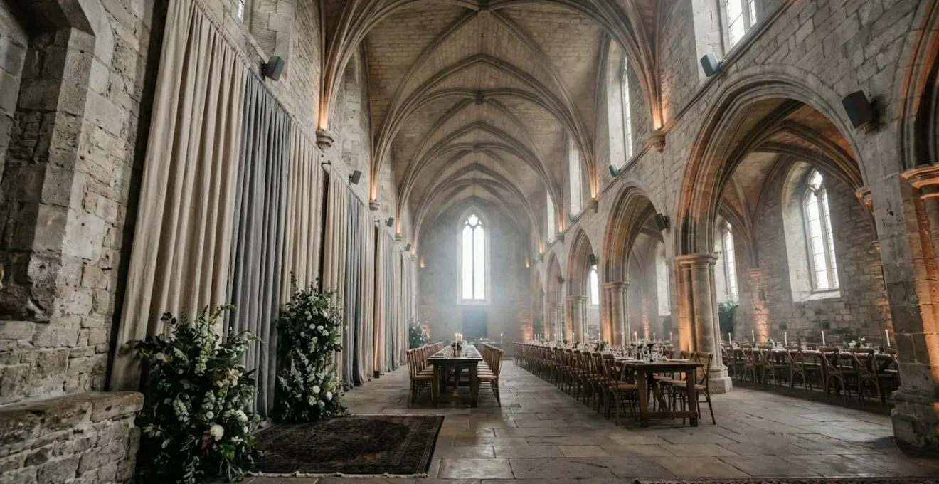 Wide view of a grand stone banqueting hall with high vaulted ceiling, showing elegant acoustic treatments and atmospheric lighting for a wedding reception