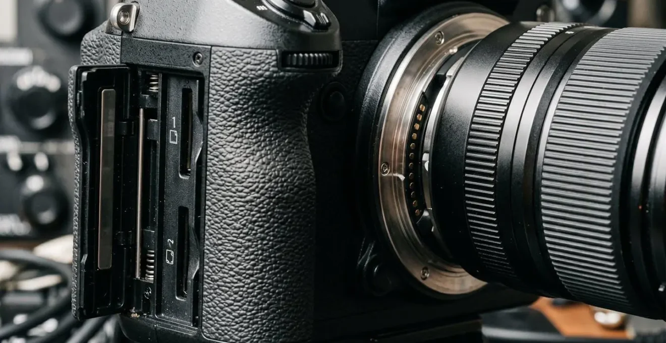 Extreme close-up macro detail of professional camera equipment components showcasing backup system philosophy through textural details