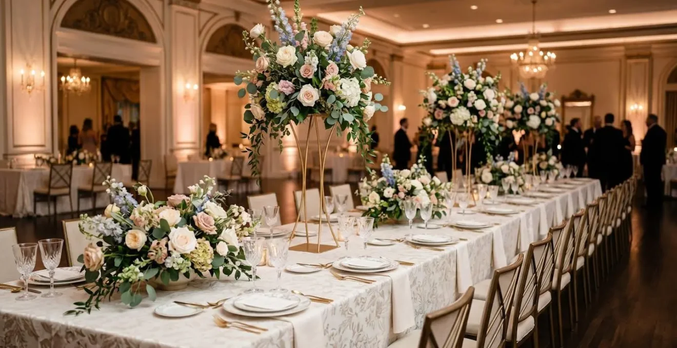 Elegant wedding reception showing alternating tall and low centerpiece arrangements