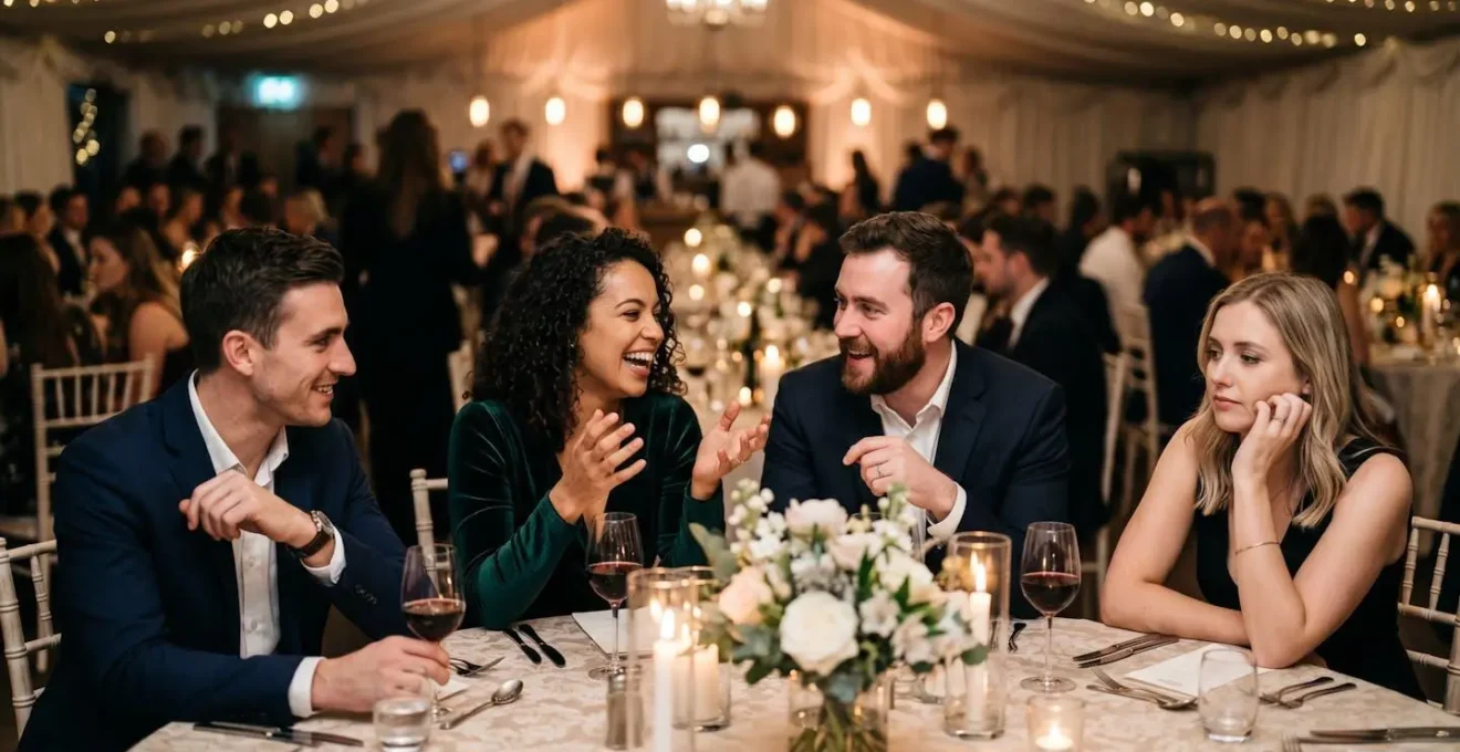 Elegant wedding reception showing guests engaged in conversation during pause between plated dinner courses with ambient candlelight