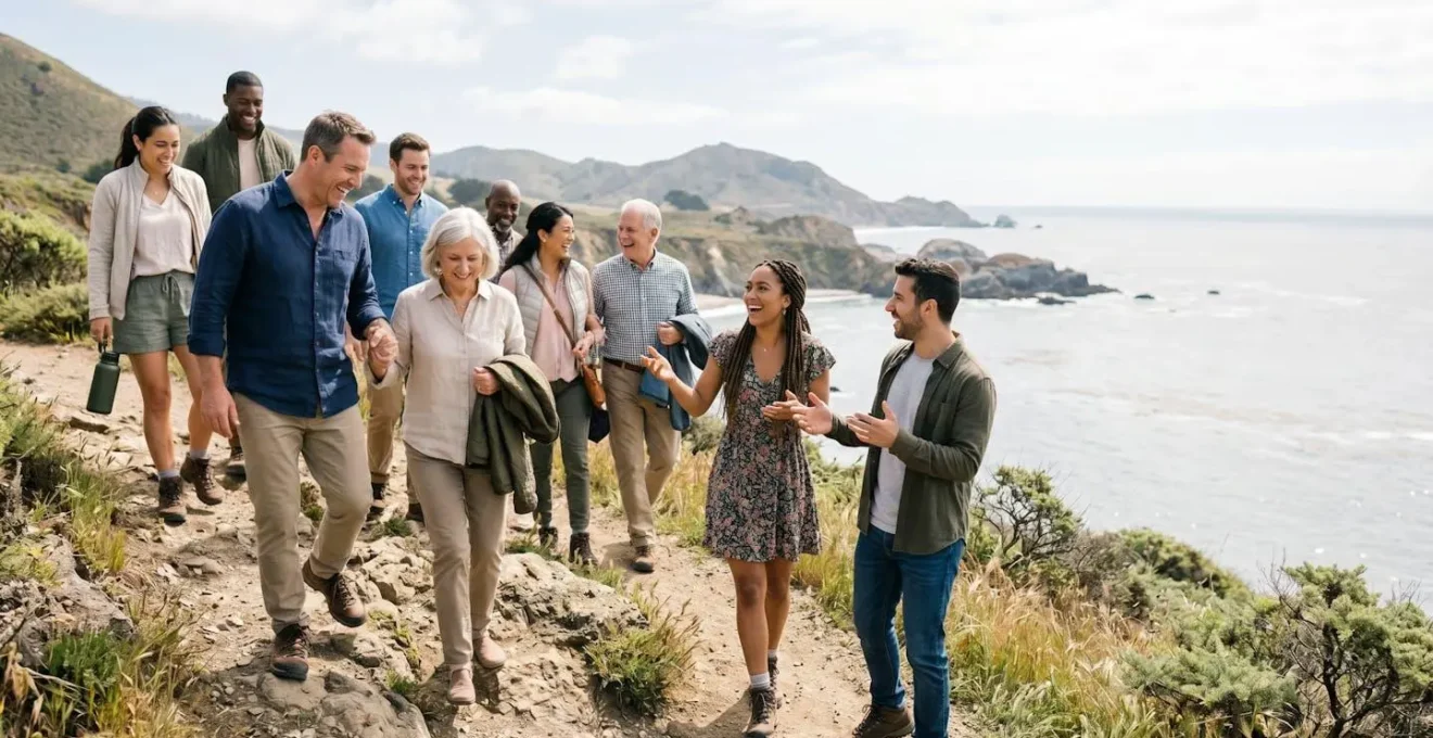 Diverse group of wedding guests bonding during outdoor adventure activity in early trip phase