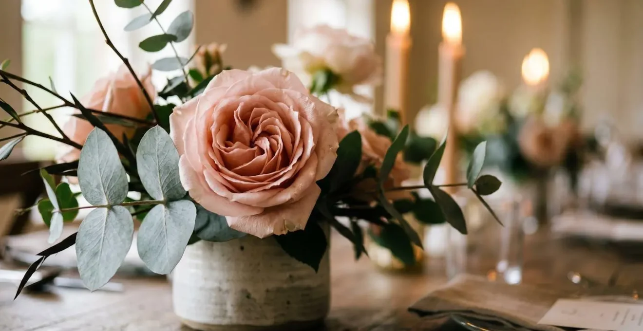 Close-up of elegant wedding table centerpiece with strategic lighting drawing eye attention at guest level