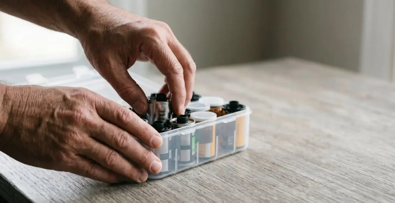 Film photographer carefully organizing film rolls in protective storage for airport security hand inspection