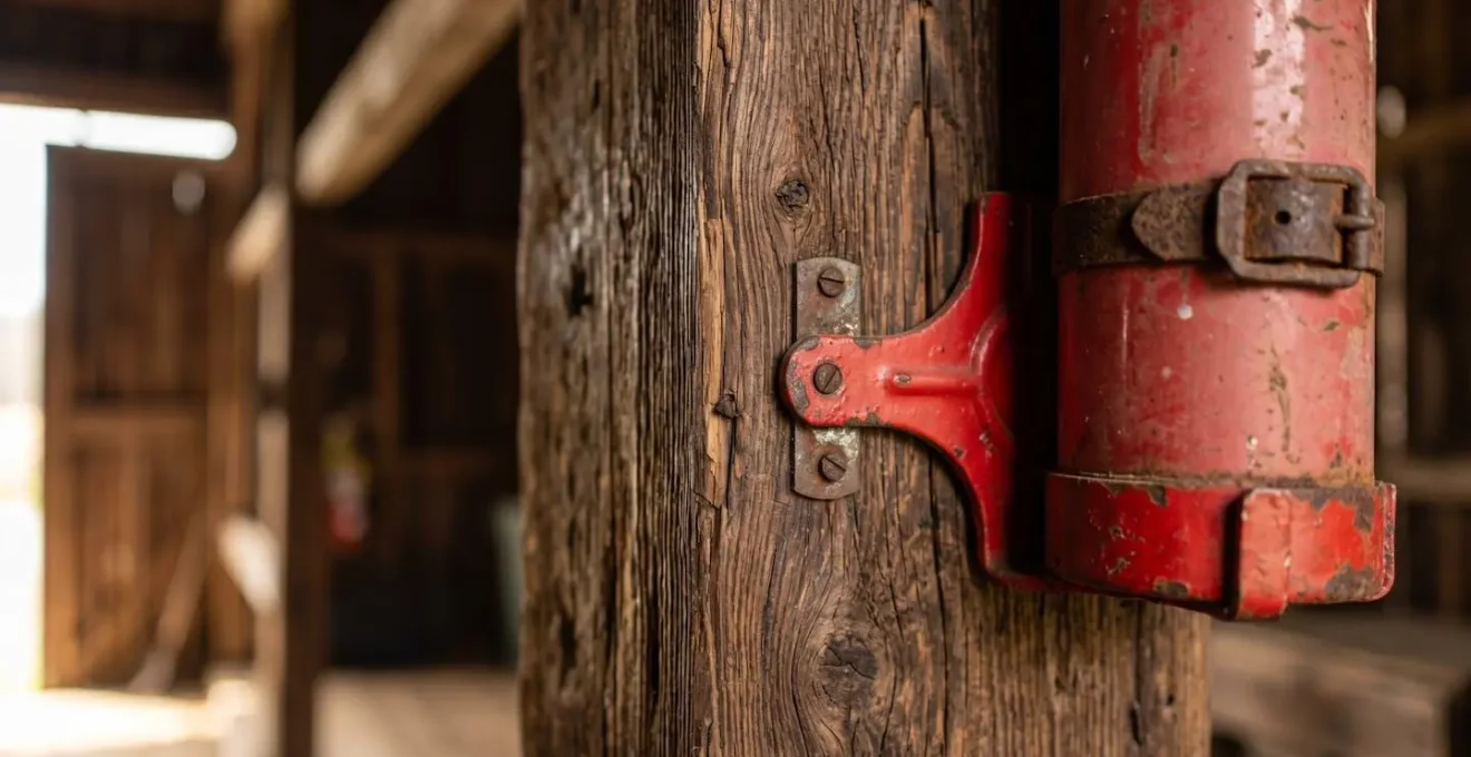 Close-up detail of fire safety equipment mounted on weathered barn wood wall showing emergency preparedness
