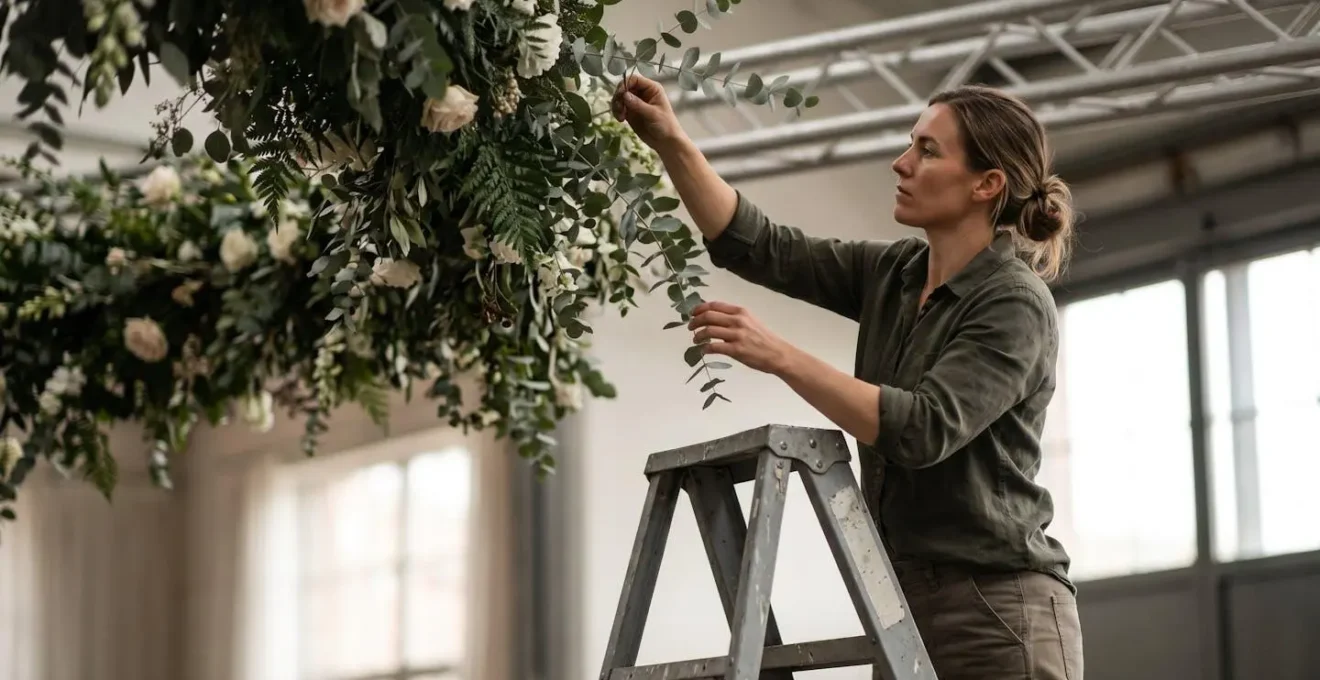 Behind-the-scenes view of professional floral installation team working at height on suspended overhead arrangement