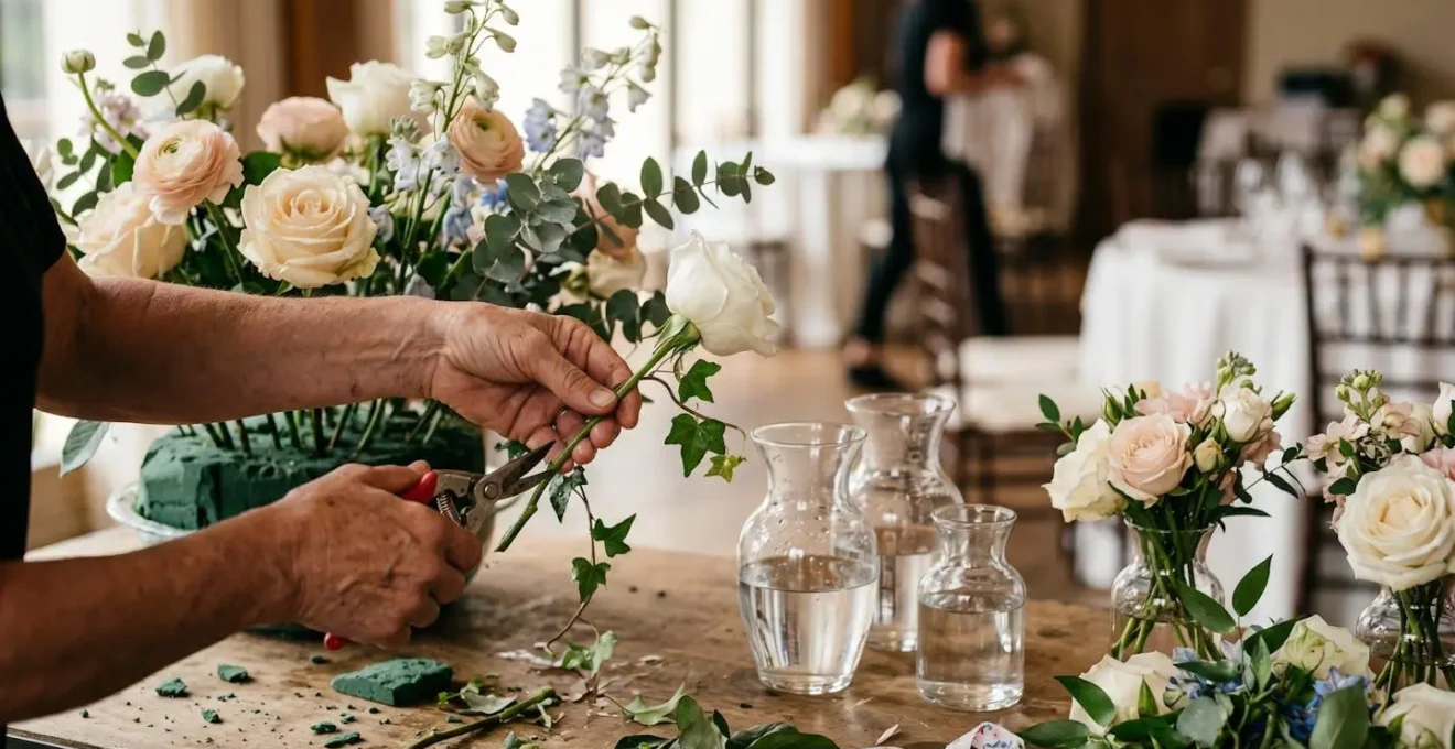 Wedding coordinator's hands carefully transferring ceremony aisle flower arrangement into fresh water vessel during cocktail hour transition