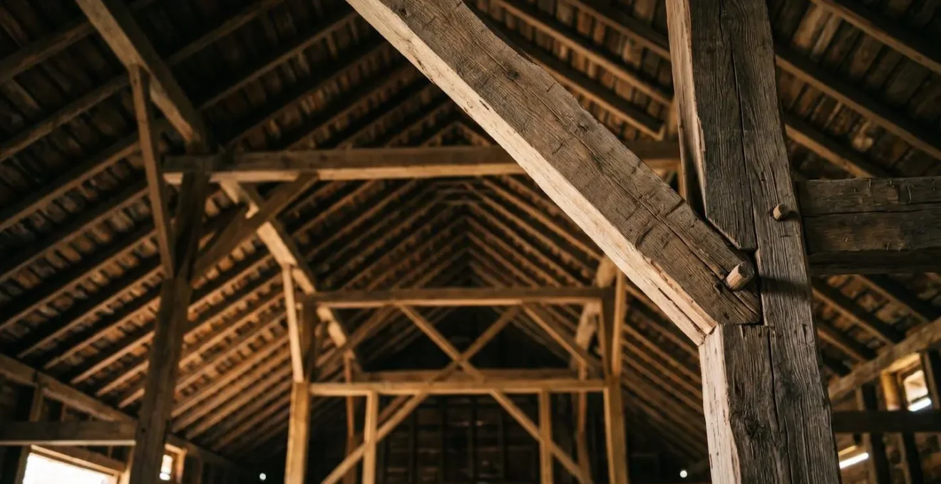Overhead architectural detail showing barn ceiling beam structure and engineering elements for suspended installations