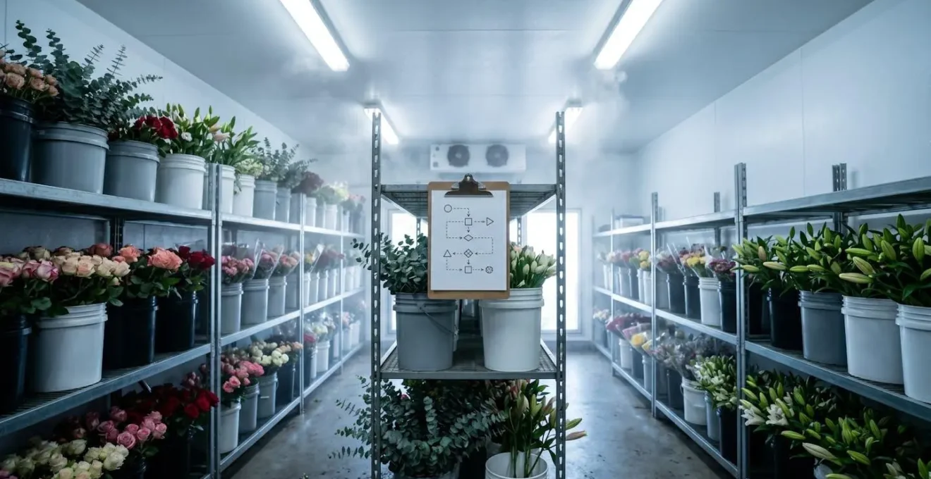 Behind-the-scenes view of floral supply chain showing temperature-controlled storage and logistics timeline