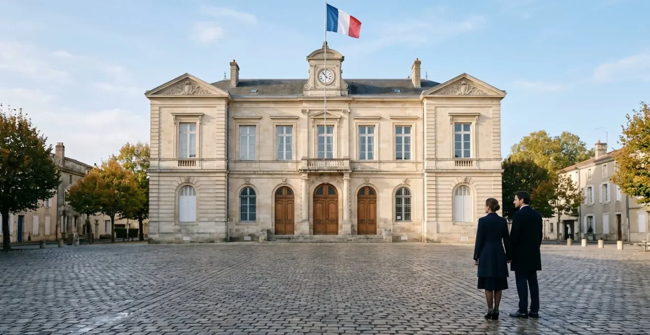 Historic French town hall building exterior during quiet weekend with empty plaza