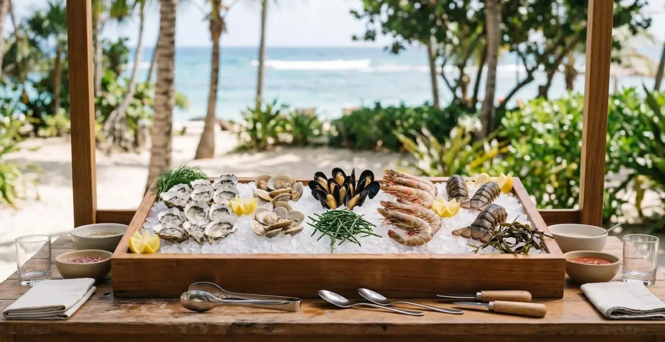 Professional seafood display with pristine ice presentation showcasing food safety and quality at tropical wedding venue