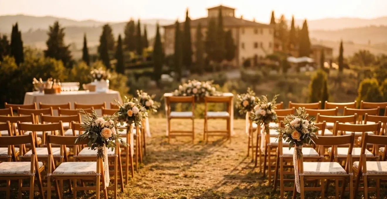 Softly lit Italian villa garden at golden hour showing spatial flow from ceremony area to reception space