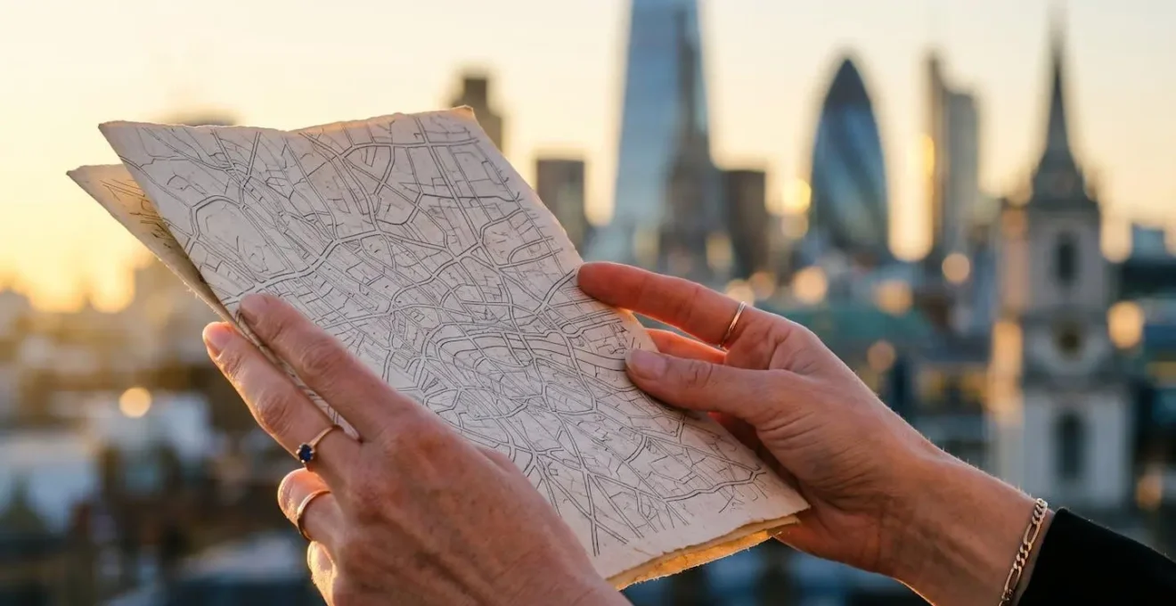 Macro detailed photograph of a wedding photographer's hands reviewing a clean city map while scouting unique urban locations at sunrise
