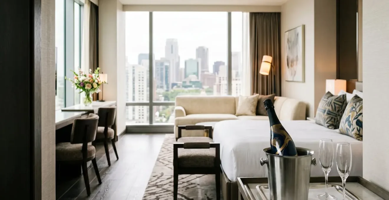Elegant hotel suite interior with natural light showcasing premium wedding weekend accommodation